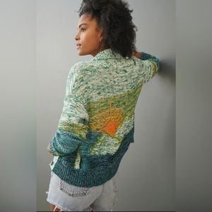 ANTHROPOLOGIE Pilcro Green Multicolor Sunset Embroidered Chunky Knit Cardigan